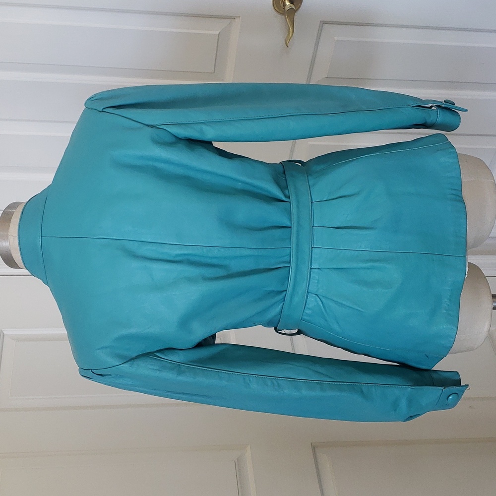 Vintage 80's Turquoise Leather Belted Jacket - Picture 12 of 15